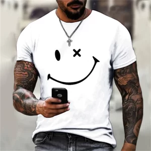 Camiseta estampada em 3D com rosto sorridente, blusa solta de manga curta, monocromática, moda verão, nova, na moda