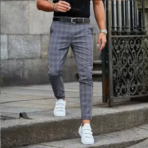Calça casual listra xadrez masculina, fina, cinza escuro, calça reta, algodão, alta qualidade, 4 estações, marca