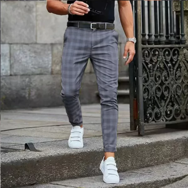Calça casual listra xadrez masculina, fina, cinza escuro, calça reta, algodão, alta qualidade, 4 estações, marca