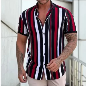 Camiseta de manga curta com gola virada para baixo masculina, camisetas estampadas com listras, tops casuais de botões, roupas masculinas, moda verão, nova