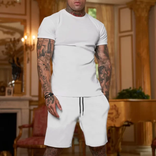Camisetas e calções ( conjunto ) de manga curta masculina, cor sólida, secagem rápida, exercício, ao ar livre, treino, ternos casuais, verão, 2 peças - Image 10