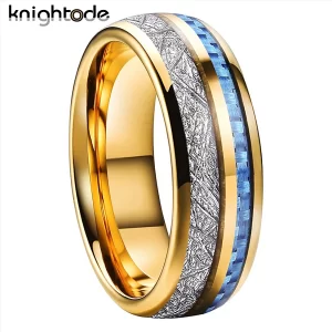 Anéis unissex de carboneto de tungstênio, meteorito branco e fibra de carbono azul embutimento, casamento banda cúpula, polido conforto fit, moda, 8mm