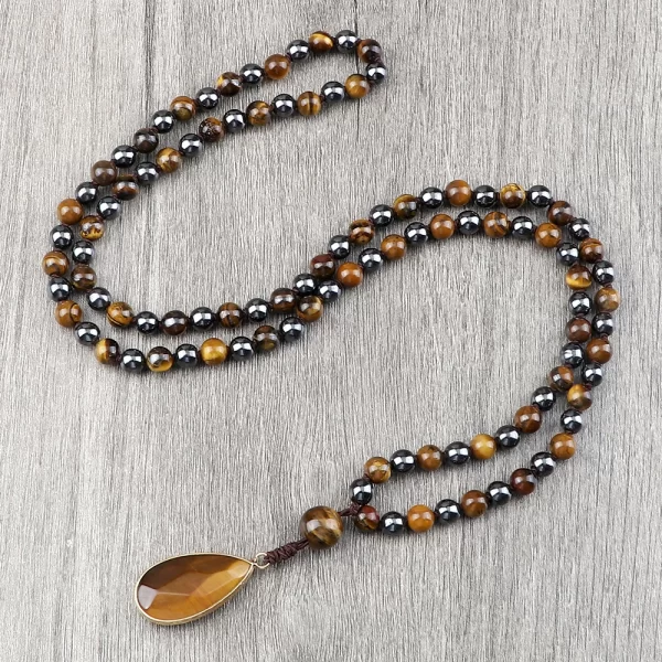 Colar Unissex Handmade Knotted Tiger Eye Colar de pedra, 108 Mala Beads Colares, Pingente Drop, Design Vintage, Ioga Jóias, 6mm - Image 7