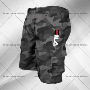 Bermuda/Calção de carga multi bolso masculino, estampa de marca, casual, esportiva, ao ar livre, calça de treino hip-hop masculina retrô, moda verão