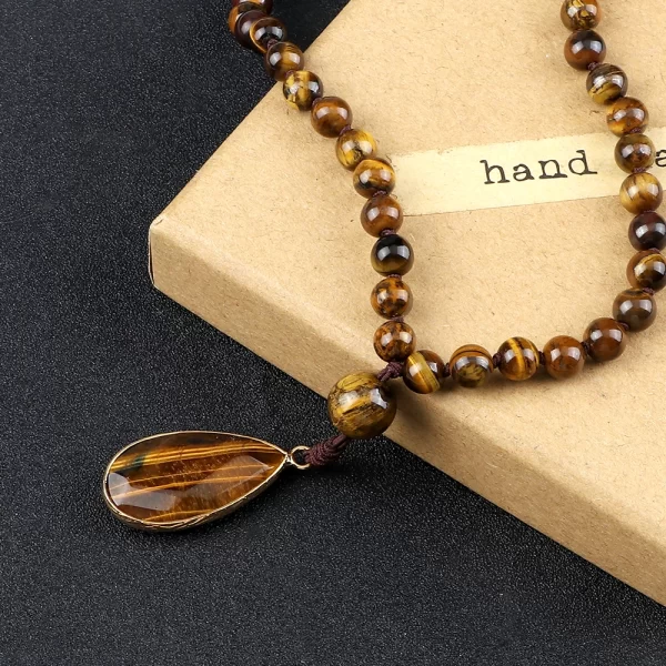 Colar Unissex Handmade Knotted Tiger Eye Colar de pedra, 108 Mala Beads Colares, Pingente Drop, Design Vintage, Ioga Jóias, 6mm - Image 2