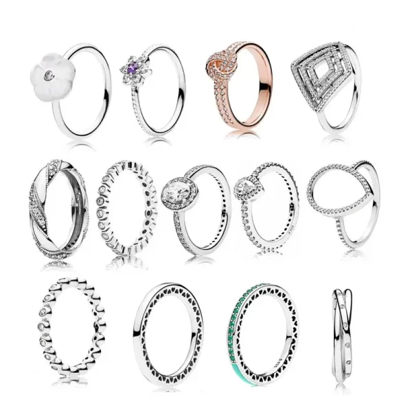 Anéis de prata esterlina 925 feminino 925, coração grande, flor roxa, braço torção, cintilante redondo, osso de Wishbone, joalheria fina.