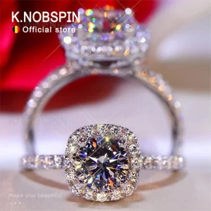 Anéis feminino, Knobspin, cor redonda moissanite anel 925 prata esterlina chapeado com 18k branco anéis de ouro para casamento banda fina jóias.