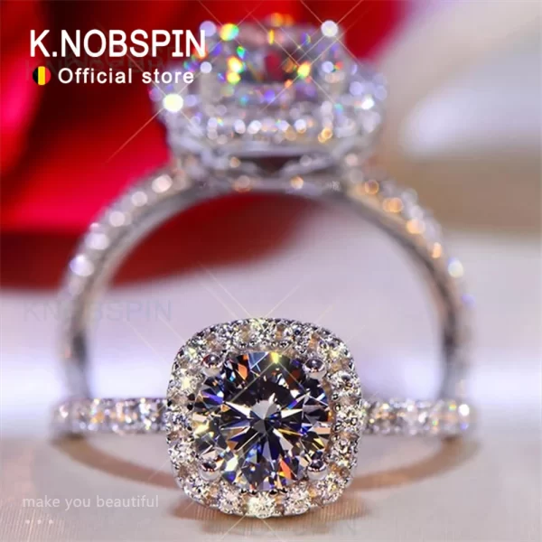 Anéis feminino, Knobspin, cor redonda moissanite anel 925 prata esterlina chapeado com 18k branco anéis de ouro para casamento banda fina jóias.