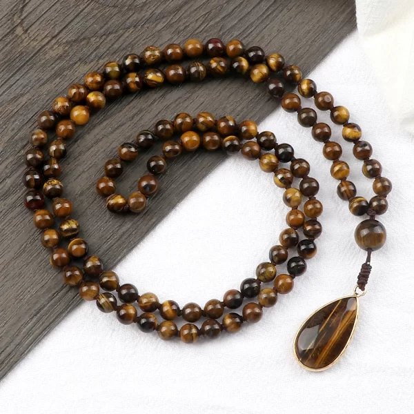 Colar Unissex Handmade Knotted Tiger Eye Colar de pedra, 108 Mala Beads Colares, Pingente Drop, Design Vintage, Ioga Jóias, 6mm - Image 4