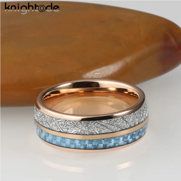 Anéis unissex de carboneto de tungstênio, meteorito branco e fibra de carbono azul embutimento, casamento banda cúpula, polido conforto fit, moda, 8mm - Image 6