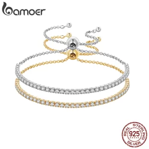 Pulseiras feminina, BAMOER-Clássica, 14K Banhado a Ouro, 925 Sterling Silver, Slider Ajustável, Jóias para, CZ