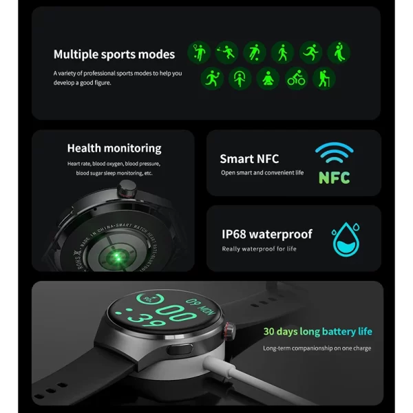 Relógios masculino, smartwatch impermeável, Huawei, Xiaomi, NFC, Amoled, 360x360 HD Screen, Açúcar no sangue, Chamada BT, 4 Pro, IP68. - Image 2