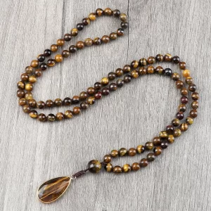 Colar Unissex Handmade Knotted Tiger Eye Colar de pedra, 108 Mala Beads Colares, Pingente Drop, Design Vintage, Ioga Jóias, 6mm