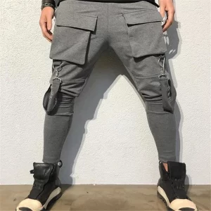 Calça esportiva masculina de corrida, bolsos com remendo com renda, calça justa, calça casual de corrida, streetwear primavera, moda