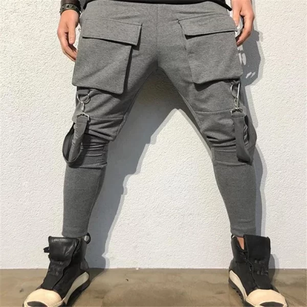 Calça esportiva masculina de corrida, bolsos com remendo com renda, calça justa, calça casual de corrida, streetwear primavera, moda