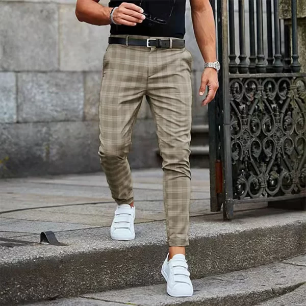 Calça casual listra xadrez masculina, fina, cinza escuro, calça reta, algodão, alta qualidade, 4 estações, marca - Image 2