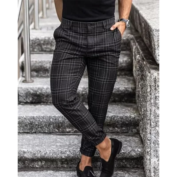 Calça casual listra xadrez masculina, fina, cinza escuro, calça reta, algodão, alta qualidade, 4 estações, marca - Image 6