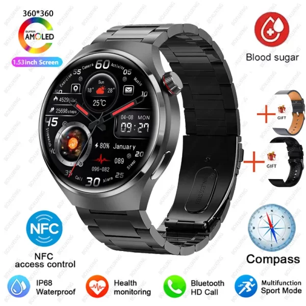 Relógios masculino, smartwatch impermeável, Huawei, Xiaomi, NFC, Amoled, 360x360 HD Screen, Açúcar no sangue, Chamada BT, 4 Pro, IP68. - Image 13