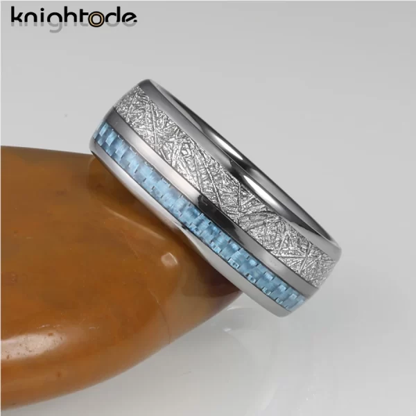 Anéis unissex de carboneto de tungstênio, meteorito branco e fibra de carbono azul embutimento, casamento banda cúpula, polido conforto fit, moda, 8mm - Image 4