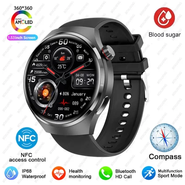 Relógios masculino, smartwatch impermeável, Huawei, Xiaomi, NFC, Amoled, 360x360 HD Screen, Açúcar no sangue, Chamada BT, 4 Pro, IP68. - Image 7