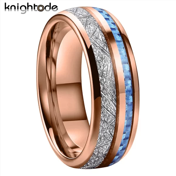 Anéis unissex de carboneto de tungstênio, meteorito branco e fibra de carbono azul embutimento, casamento banda cúpula, polido conforto fit, moda, 8mm - Image 5
