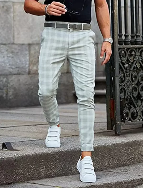 Calça casual listra xadrez masculina, fina, cinza escuro, calça reta, algodão, alta qualidade, 4 estações, marca - Image 4