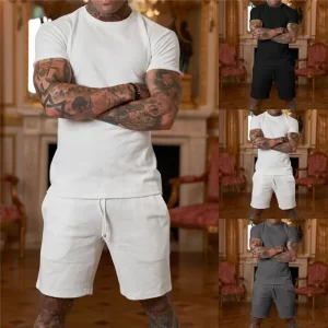 Camisetas e calções ( conjunto ) de manga curta masculina, cor sólida, secagem rápida, exercício, ao ar livre, treino, ternos casuais, verão, 2 peças
