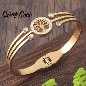 Pulseiras feminina de aço inoxidável designer de luxo, bracelete com plantas, joia feminina, Árvore da Vida, Tendência