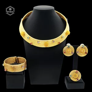 Conjunto de jóias feminino, SYHOL, strass colorido, colar banhado a ouro, gargantilha clássica, banquete de casamento original, 24K