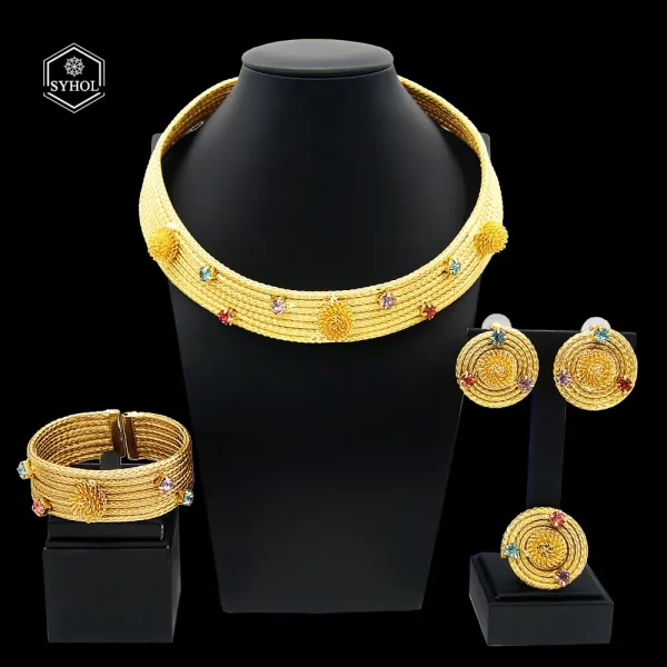 Conjunto de jóias feminino, SYHOL, strass colorido, colar banhado a ouro, gargantilha clássica, banquete de casamento original, 24K