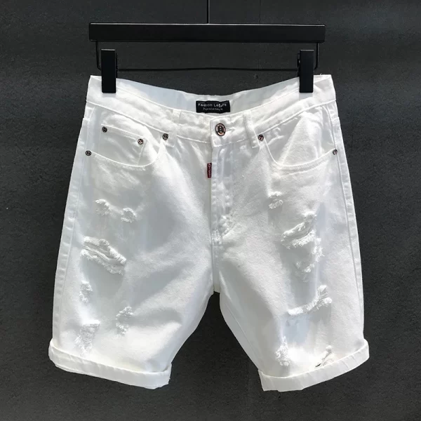 Shorts masculino, Denim verão off, brancos rasgado buracos preto metade jeans,  popular arranhado coreano angustiado plus size 38 40 42 calças - Image 3