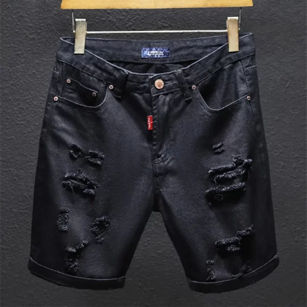 Shorts masculino, Denim verão off, brancos rasgado buracos preto metade jeans,  popular arranhado coreano angustiado plus size 38 40 42 calças - Image 2