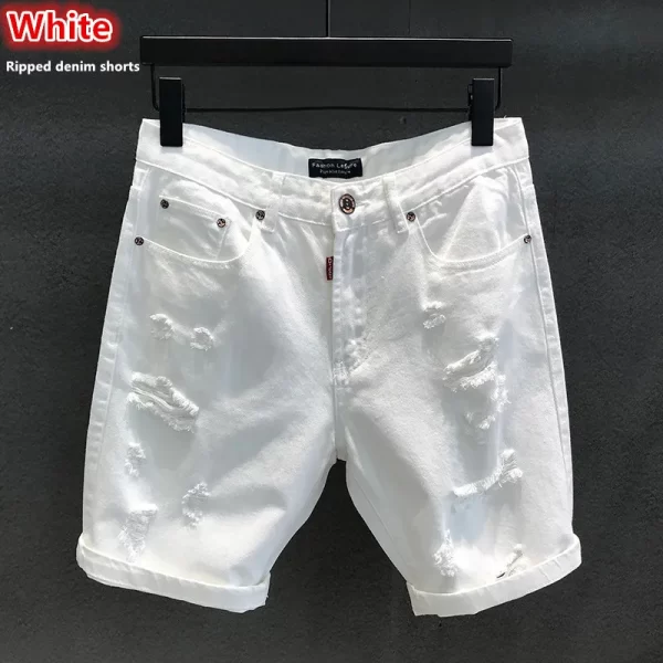 Shorts masculino, Denim verão off, brancos rasgado buracos preto metade jeans,  popular arranhado coreano angustiado plus size 38 40 42 calças - Image 9