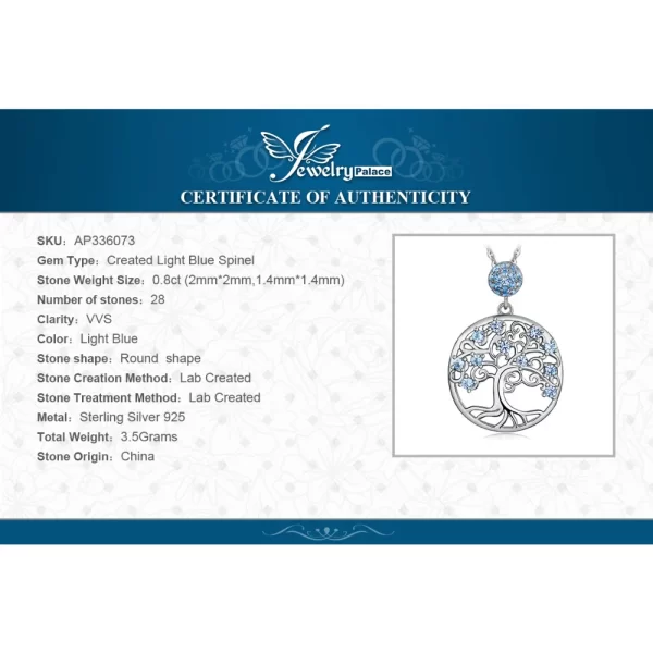 Colar pingente, JewelryPalace-Criado Azul Spinter, Declaração de Moda Gemstone Gargantilha sem Corrente, 925 Sterling Silver, Life Tree - Image 6