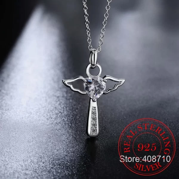Colar de prata esterlina 925 genuína, joia fina com pingente de coração, asas de anjo e zircônia - Image 4