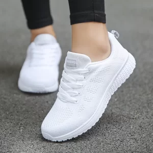 Sapatos casuais feminino, moda respirável andando malha sapatos planos mulher branca tênis, tenis sapatos