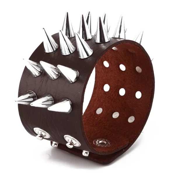 Pulseira de couro masculina espinho de rebite, de couro punk gótico rock unissex com três fileiras - Image 10