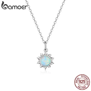 Colar feminino, Bamoer 925 prata esterlina branco opala colar de pingente de sol apollo cadeia colares,  presente, jóias 17.71''