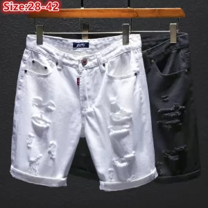 Shorts masculino, Denim verão off, brancos rasgado buracos preto metade jeans,  popular arranhado coreano angustiado plus size 38 40 42 calças