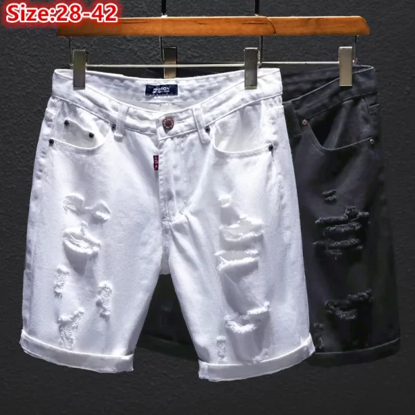 Shorts masculino, Denim verão off, brancos rasgado buracos preto metade jeans,  popular arranhado coreano angustiado plus size 38 40 42 calças