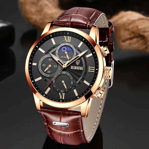 Relógio de pulso, quartzo, masculino,LIGE, de couro de luxo, com caixa, impermeável, relógio, casual, marca de topo, novo. - Image 2
