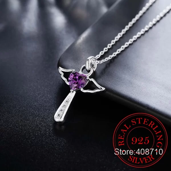 Colar de prata esterlina 925 genuína, joia fina com pingente de coração, asas de anjo e zircônia - Image 3