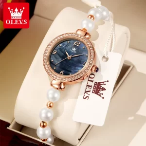 Relógio de pulso, quartzo, feminino, impermeável, OLEVS-Relógio, pulseira de corrente pérola, embutimento de diamantes na moda, estudante, marca original, moda popular