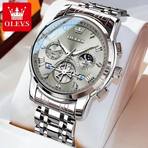 Relógio de pulso masculino de aço inoxidável, OLEVS, Cronógrafo, Fase da Lua, Impermeável, De Quartzo Luminoso, Marca De Luxo