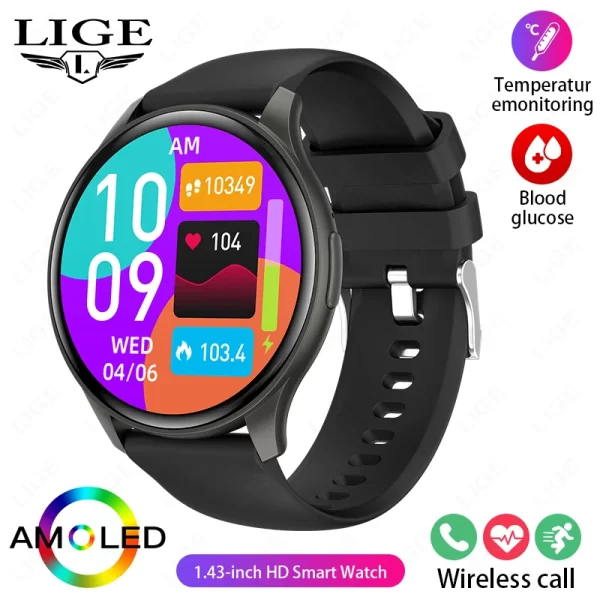 Relógio de pulso feminino, LIGE-Smartwatch esportivo à prova d'água, AMOLED, 1,43 "tela HD, monitor de glicose sanguínea, chamada Bluetooth, IP68, 466x466, novo - Image 7
