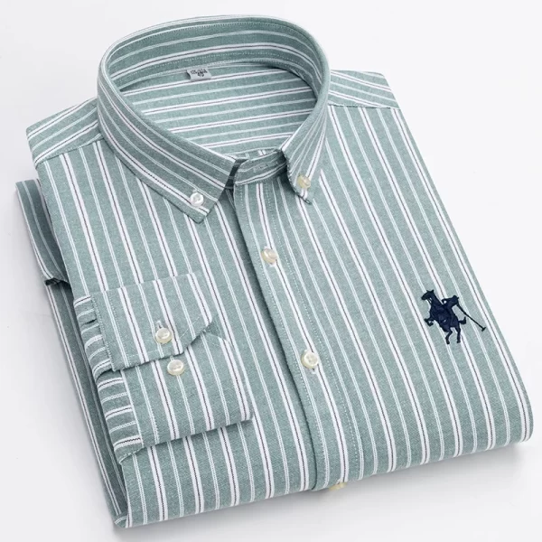Camisas masculina listrada de manga comprida, tops lisos, roupas de escritório, 100% algodão, camisa completa, roupas casuais inteligentes. - Image 6