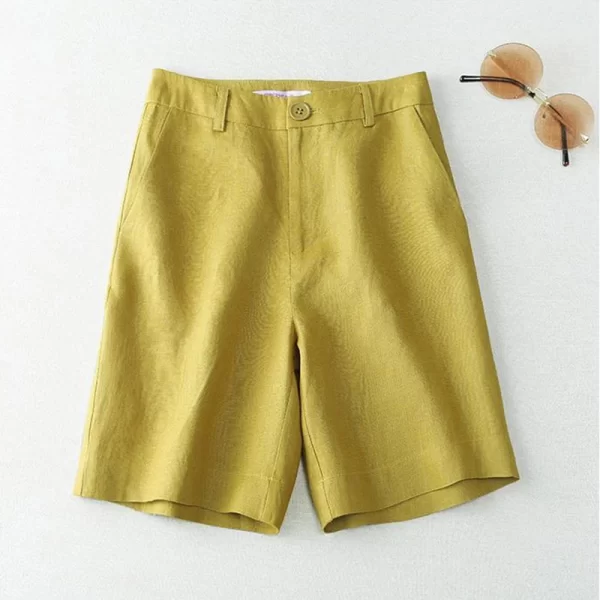 Shorts feminino, Linho Sólido Ocasional Bolso Botão de Cintura Alta Perna Larga, Coreano Moda Solta Reta Verão Suit. - Image 4