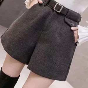 Shorts/Calção de cintura alta de lã monocromática feminino, calças largas, botões bolso, zíper, roupas de escritório, novo, outono, inverno