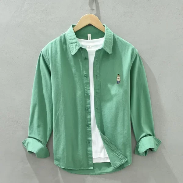 Camisas masculina, casuais de manga comprida, 100% algodão, cor sólida, arte da moda, top versátil, bordado de urso, novo, primavera e outono, C1378 - Image 8