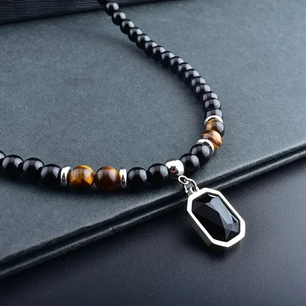 Colar masculino, aço inoxidável Tiger Eye Black Crystal Colar Pingente, Pedra Natural Strand, Frisado Jóias, Personalidade Moda - Image 4
